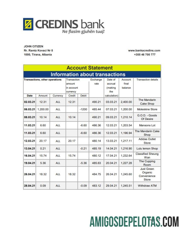 modelo de extrato bancário em branco da Albânia Credins em formato Excel e PDF